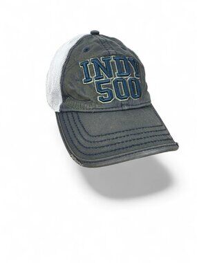 Indy 500 Trucker Hat Distressed Snapback Gray Raised Navy Lettering Racing